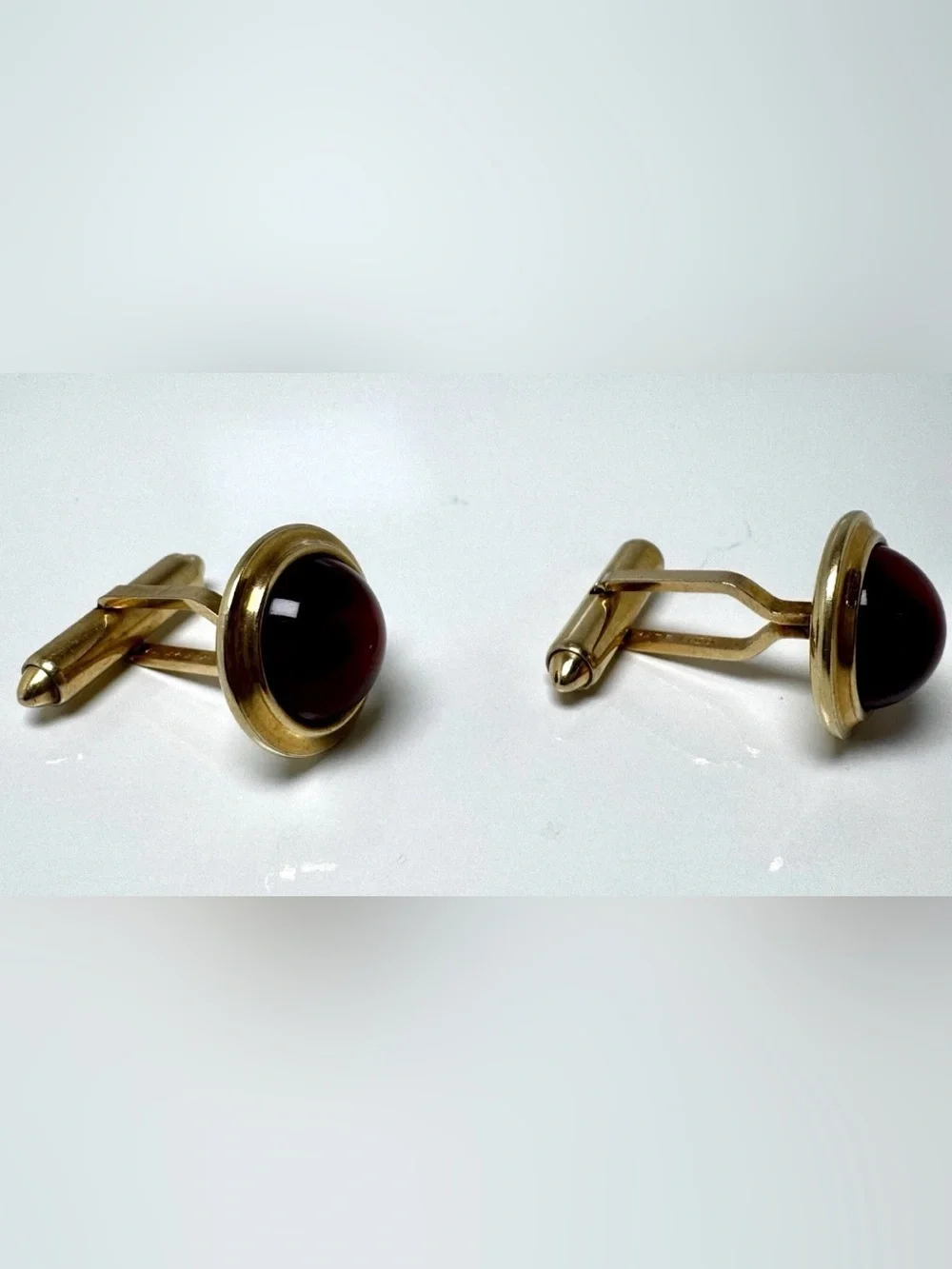 Krementz Gold Plated Red Cabochon Bullet Back Round Signed Men's Cufflinks #1543